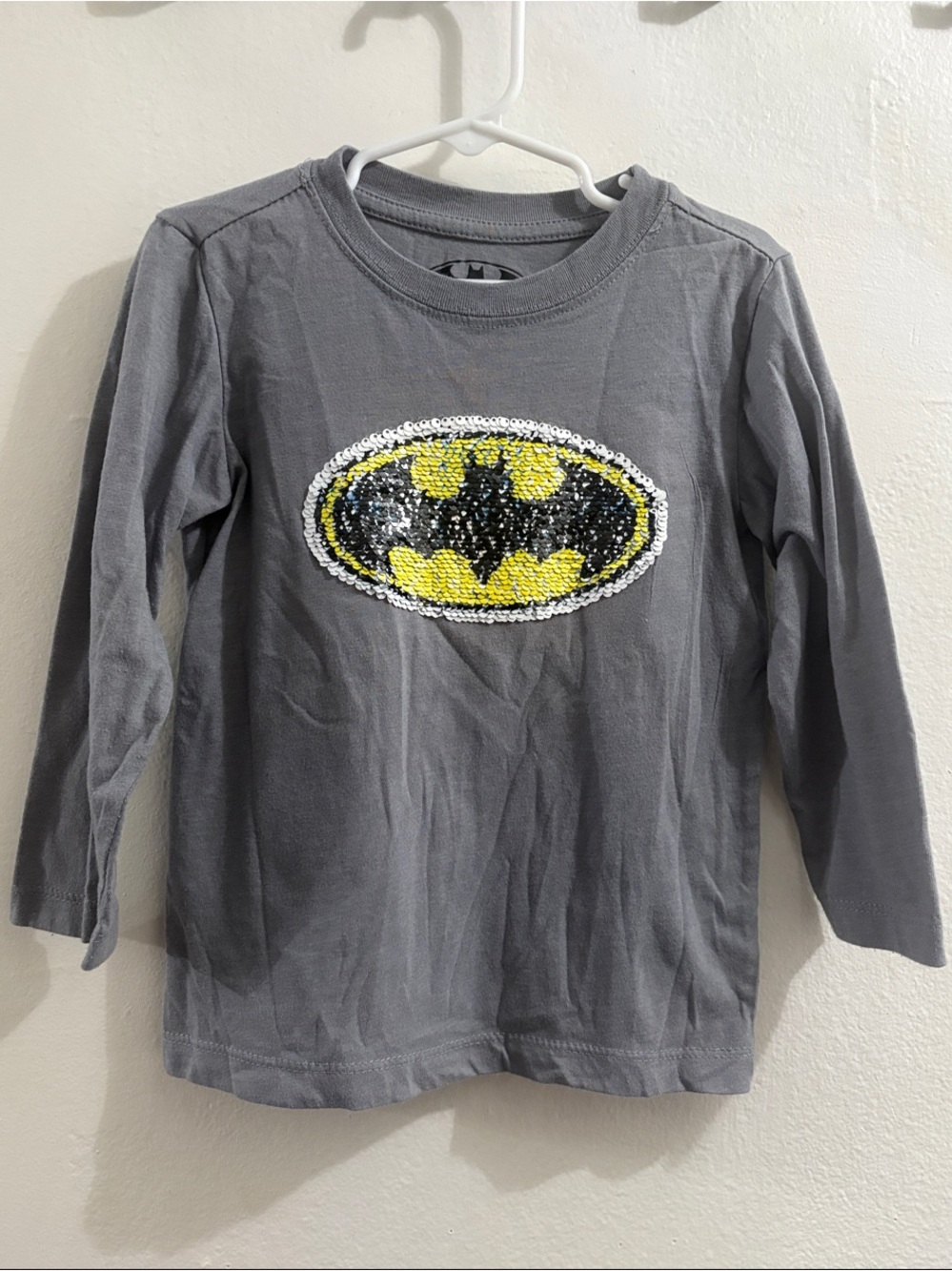 Batman Gray Long Sleeve Tee with Yellow & Black Sequin Logo